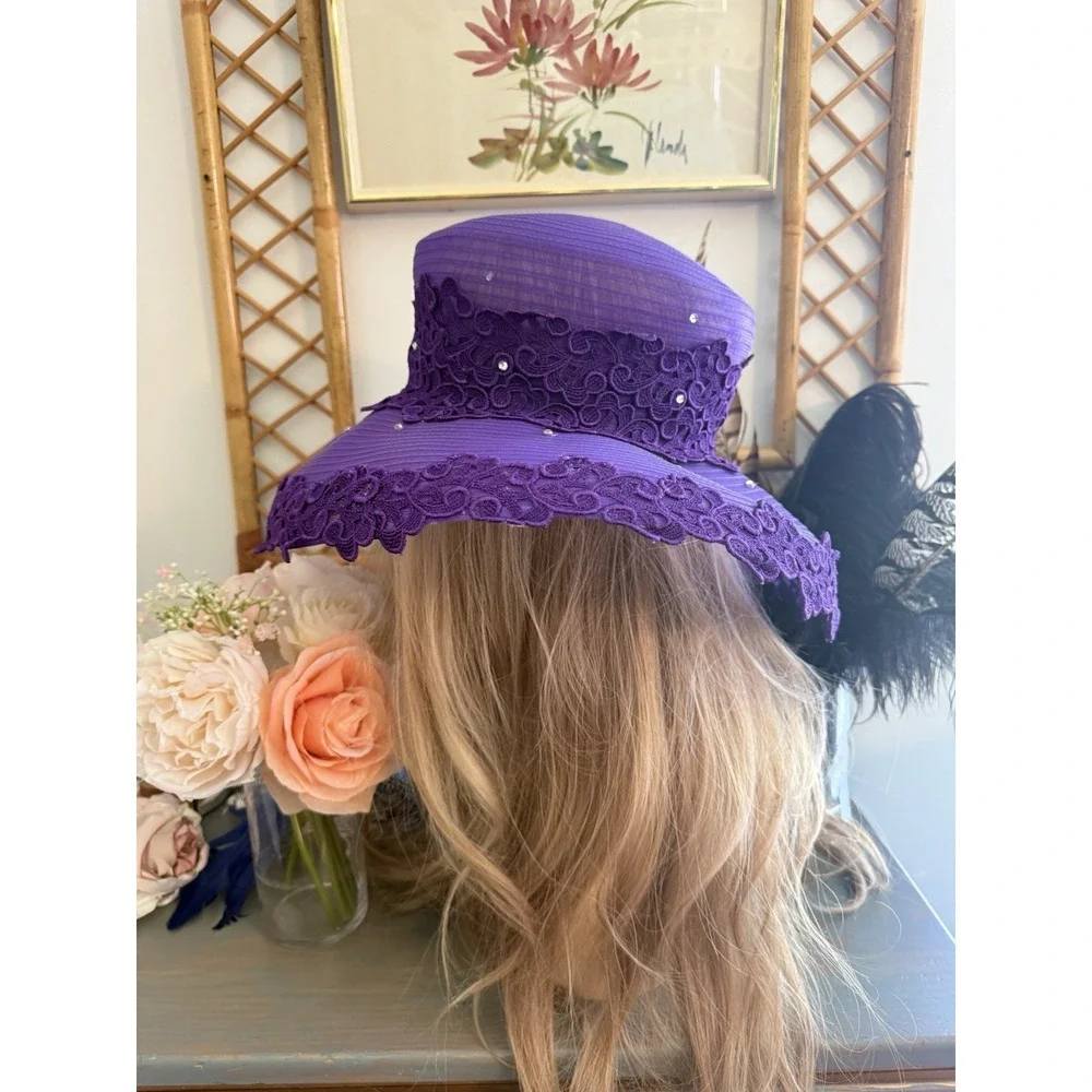 Mr Hi's Classic‎ Purple Wide Brim Lace Hat Ribbon Net Rhinestones Vintage 1970s